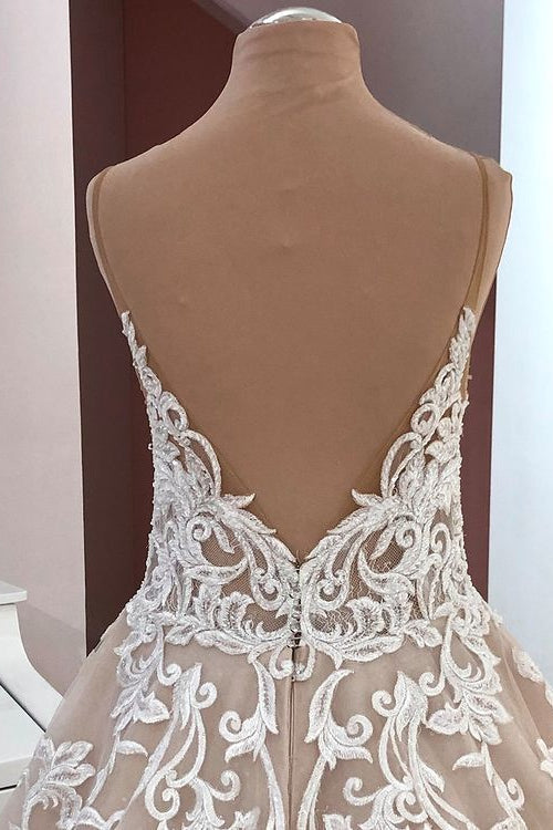 Long A-Line Sequin Tulle Spaghetti Straps Appliques Lace Wedding Dress-showprettydress