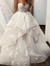 Long A-Line Strapless Sweep Brush Train Lace Tulle Wedding Dresses-showprettydress