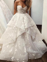 Long A-Line Strapless Sweep Brush Train Lace Tulle Wedding Dresses-showprettydress