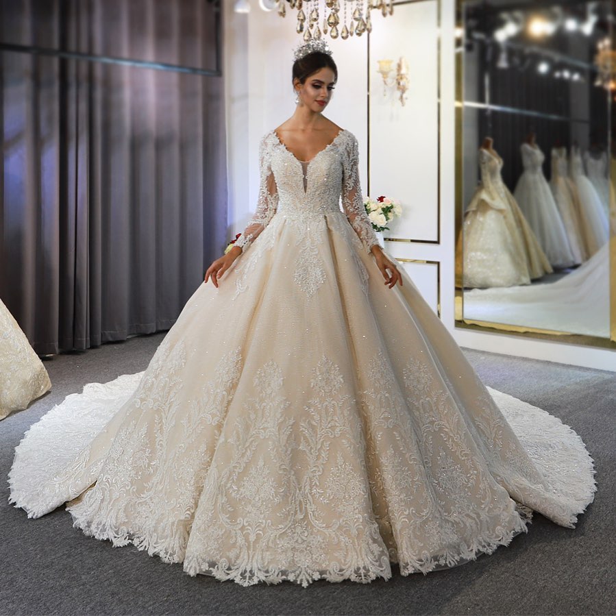 Long A-Line Sweetheart Backless Appliques Lace Sequins Wedding Dress with Sleeves-showprettydress