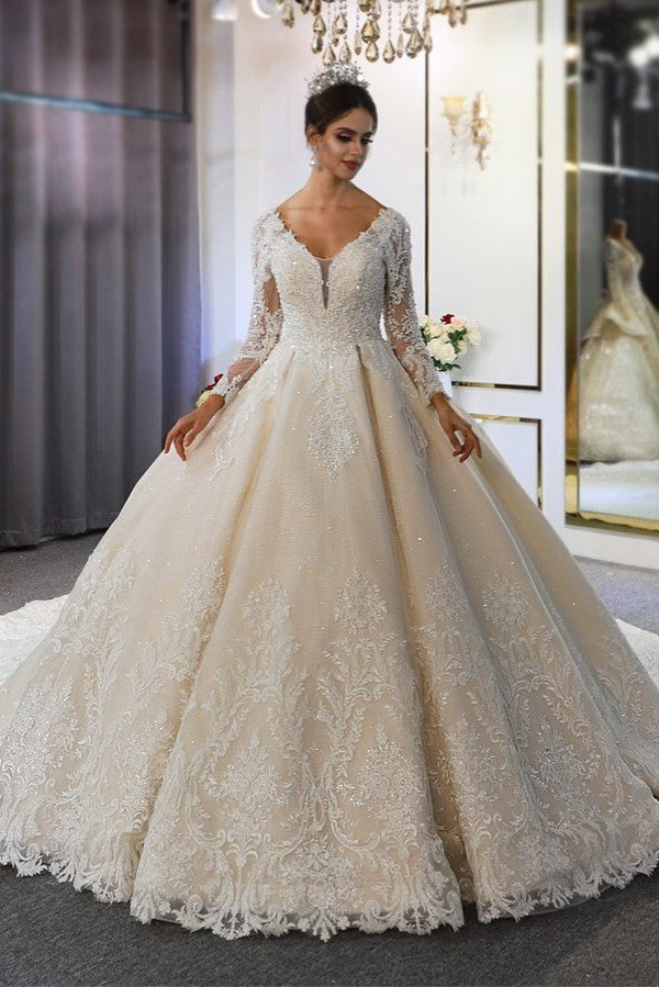 Long A-Line Sweetheart Backless Appliques Lace Sequins Wedding Dress with Sleeves-showprettydress
