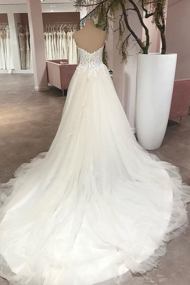 Long A-Line Sweetheart Backless Tulle Appliques Lace Wedding Dress-showprettydress