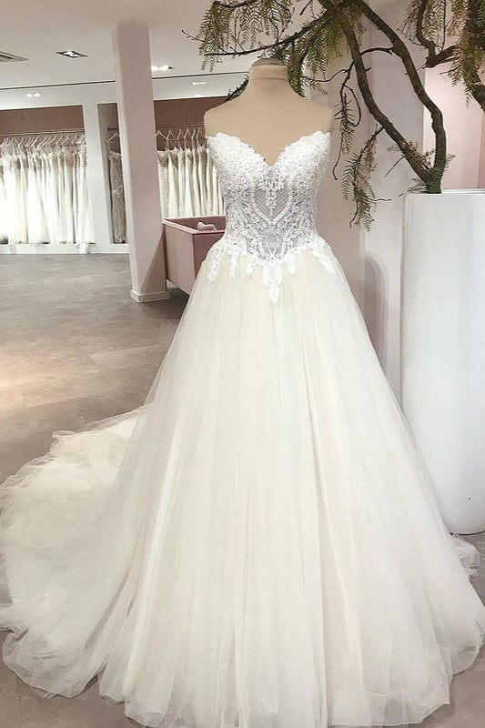 Long A-Line Sweetheart Backless Tulle Appliques Lace Wedding Dress-showprettydress