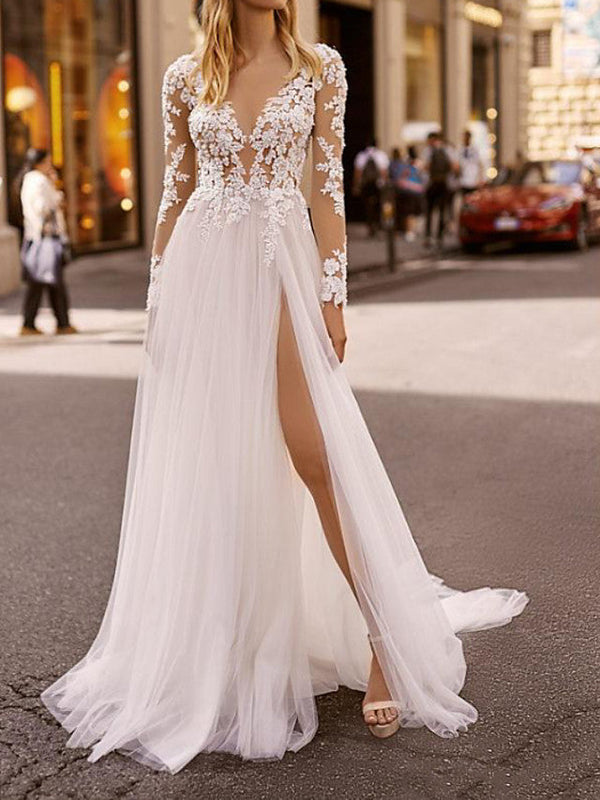 Long A-Line Sweetheart Lace Tulle Chiffon Wedding Dresses with Sleeves-showprettydress