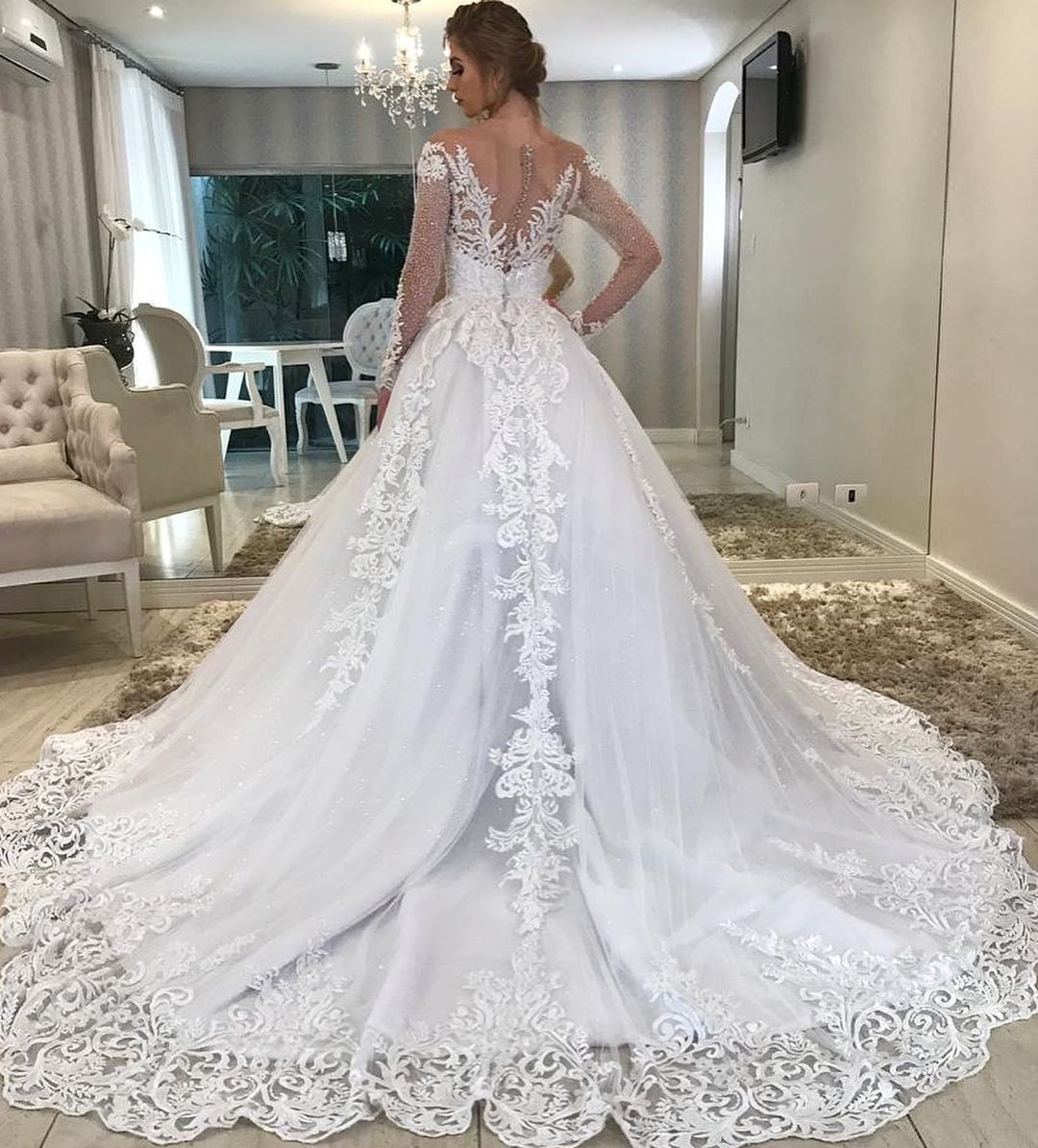 Long A-Line Sweetheart Off-the-Shoulder Appliques Lace Sequins Wedding Dress with Sleeves-showprettydress