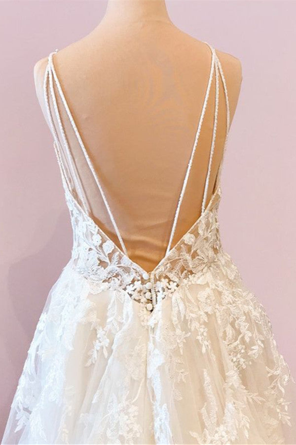 Long A-Line Sweetheart Spaghetti Straps Tulle Wedding Dress-showprettydress