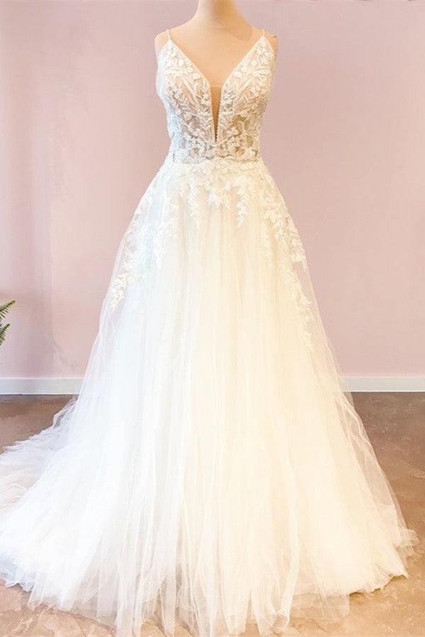 Long A-Line Sweetheart Spaghetti Straps Tulle Wedding Dress-showprettydress