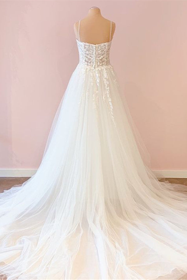 Long A-Line Sweetheart Tulle Appliques Lace Wedding Dress-showprettydress