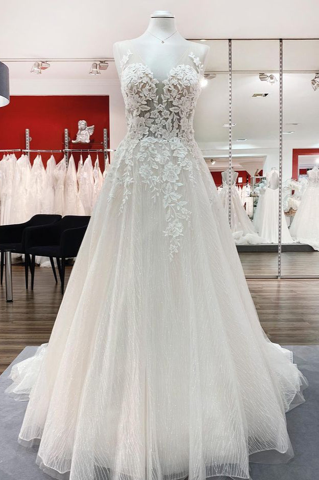 Long A-line Sweetheart Tulle Open Back Wedding Dress-showprettydress