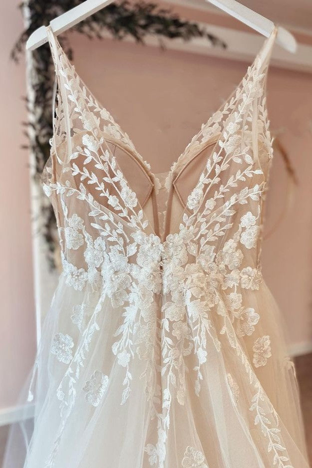 Long A-Line Tulle Appliques Lace Spaghetti Straps V-neck Backless Wedding Dress-showprettydress