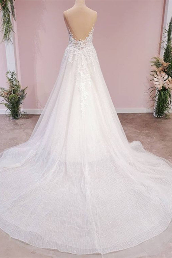 Long A-Line Tulle Backless Appliques Lace Sweetheart Wedding Dress-showprettydress