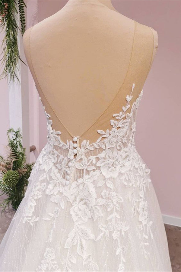 Long A-Line Tulle Backless Appliques Lace Sweetheart Wedding Dress-showprettydress