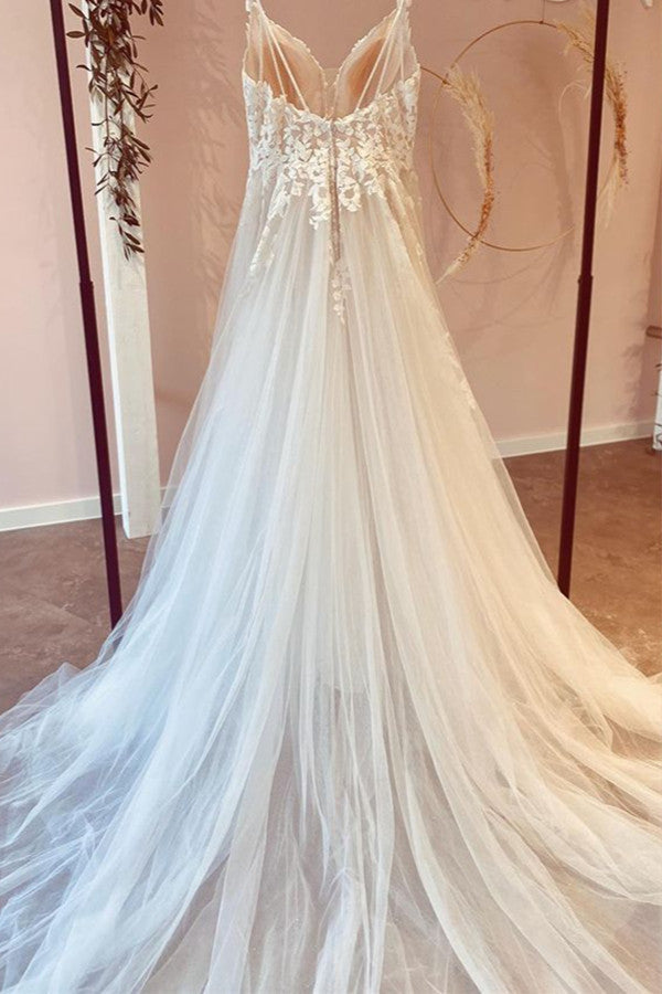 Long A-Line Tulle Sweetheart Appliques Lace Wedding Dress-showprettydress