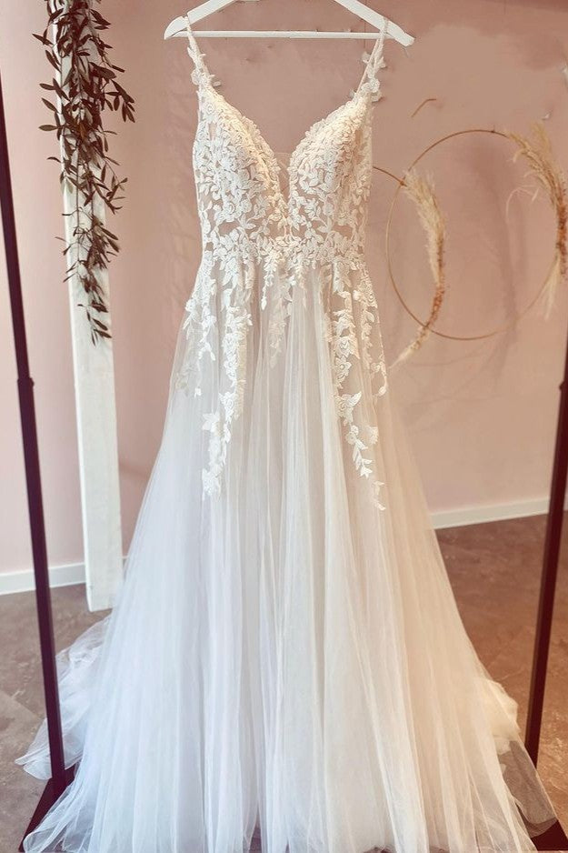 Long A-Line Tulle Sweetheart Appliques Lace Wedding Dress-showprettydress