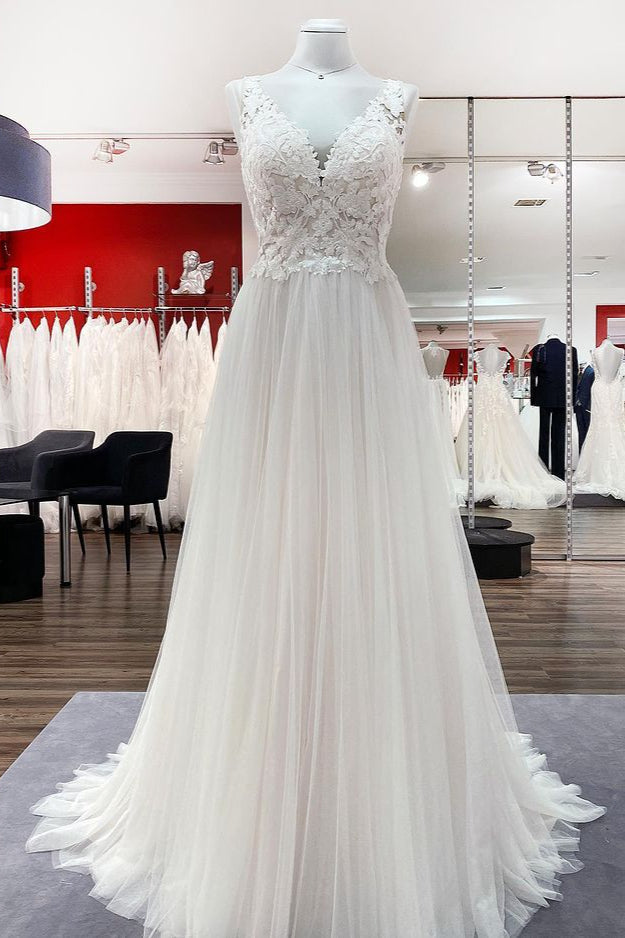 Long A-line Tulle V Neck Open Back Appliques Lace Wedding Dress-showprettydress