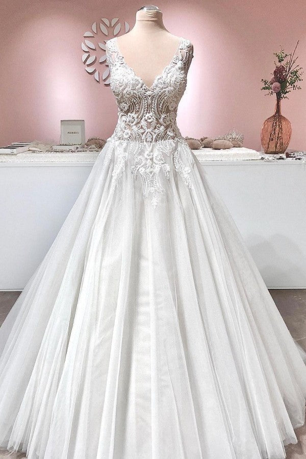 Long A-line V-neck Appliques Lace Backless Tulle Ruffles Wedding Dress-showprettydress