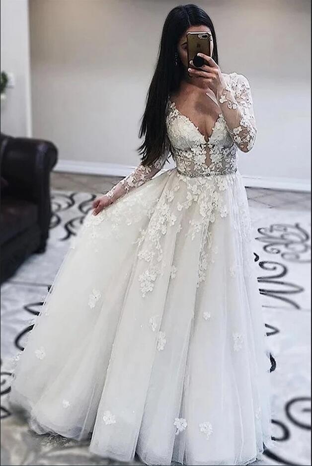 Long A-Line V-neck Appliques Lace Tulle Wedding Dress with Sleeves-showprettydress