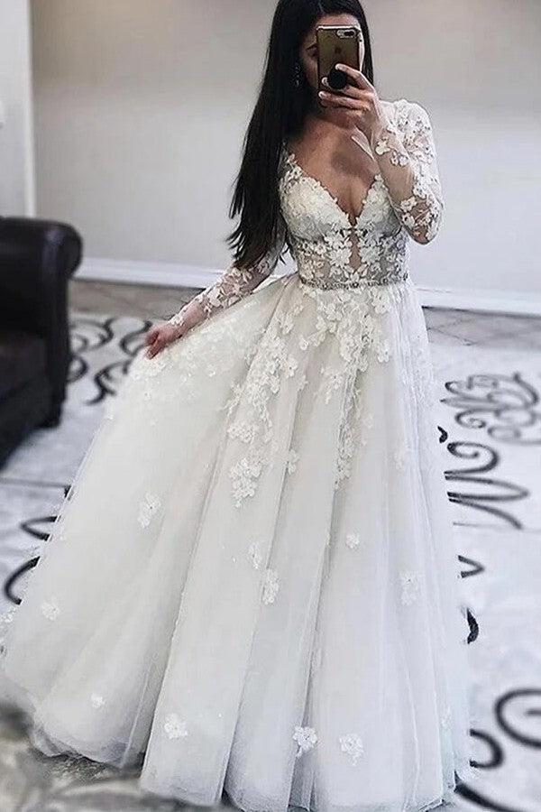 Charming A-line Wedding Dress Lace Applique V Neck Long Sleeve Bridal Gown Straps Vestidos De Novia main image 0