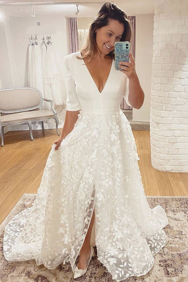 Long A-line V-neck Lace Front Slit Wedding Dress with Sleeves-showprettydress