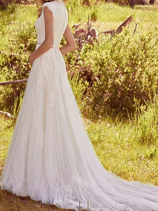 Long A-Line V Neck Regular Straps Lace Tulle Wedding Dresses-showprettydress