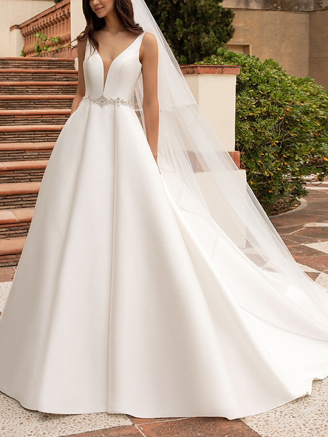 Long A-Line V Neck Satin Backless Wedding Dresses with Pockets-showprettydress