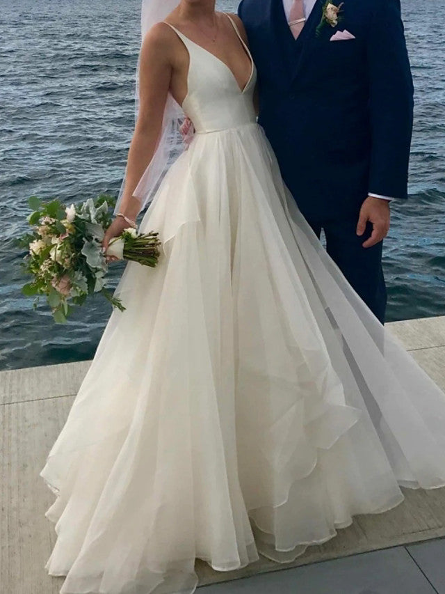 Long A-Line V Neck Satin Tulle Open Back Wedding Dresses Long A-Line V Neck Satin Tulle Open Back Wedding Dresses