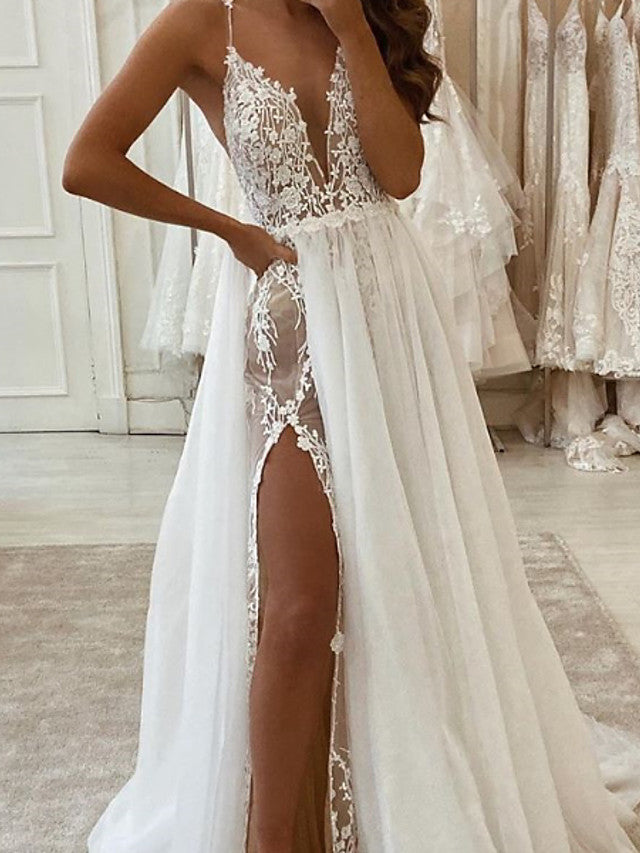 Long A-Line V Neck Spaghetti Strap Tulle Wedding Dresses with Slit-showprettydress