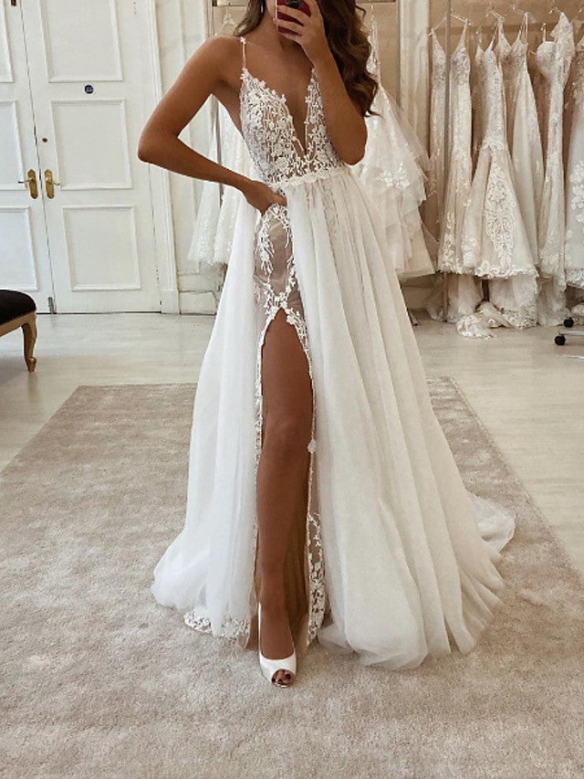 Long A-Line V Neck Spaghetti Strap Tulle Wedding Dresses with Slit-showprettydress