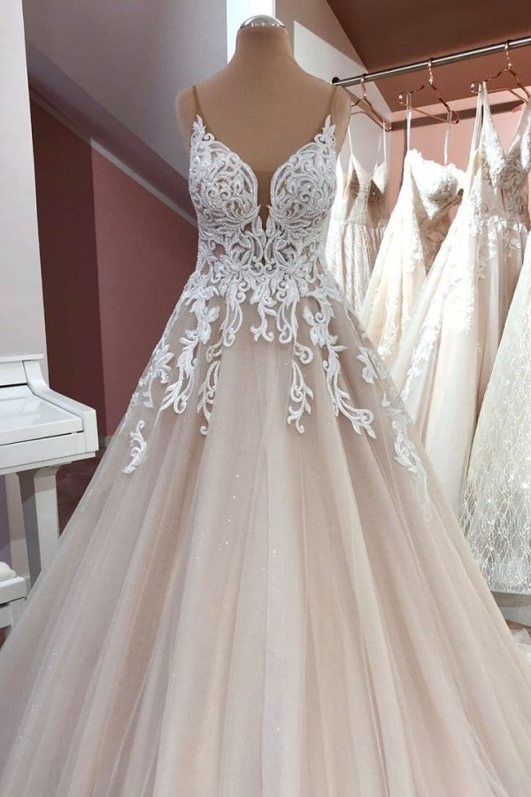 Long A-Line V-neck Spaghetti Straps Backless Appliques Lace Tulle Wedding Dress-showprettydress