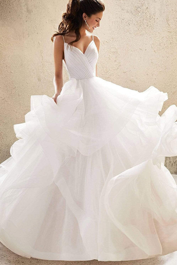 Long A-line V-neck Spaghetti Straps Backless Ruffles Tulle Wedding Dress-showprettydress