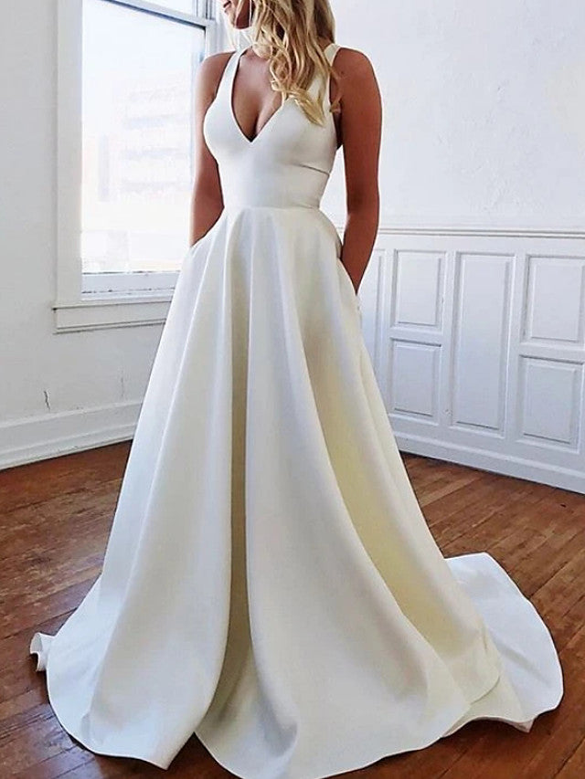 Long A-Line V Neck Stretch Satin Backless Wedding Dresses with Pockets Long A-Line V Neck Stretch Satin Backless Wedding Dresses with Pockets