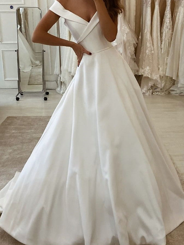 Long A-Line V Neck Sweep Brush Train Satin Wedding Dresses-showprettydress