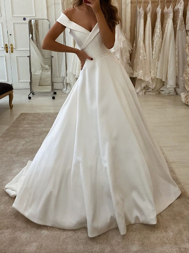 Long A-Line V Neck Sweep Brush Train Satin Wedding Dresses-showprettydress