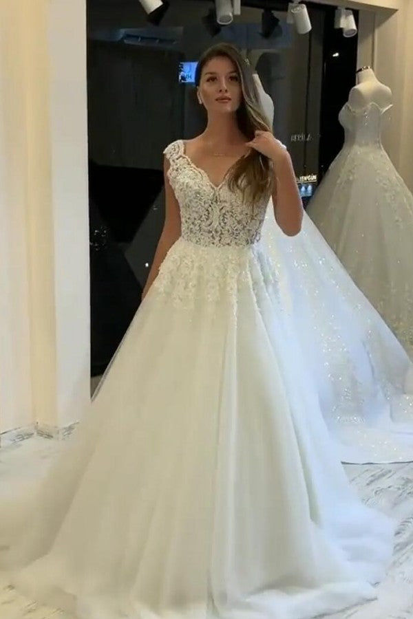 Long A-Line V-neck Wide Straps Appliques Lace Pearl Tulle Wedding Dress-showprettydress