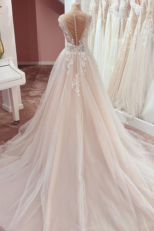 Long A-Line V-neck Wide Straps Appliques Lace Tulle Wedding Dress-showprettydress