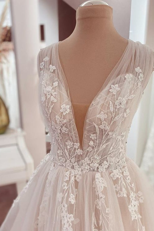 Long A-Line V-neck Wide Straps Appliques Lace Tulle Wedding Dress-showprettydress