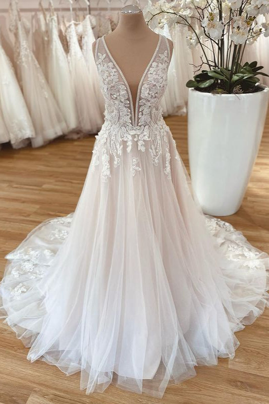 Long A-Line Wide Straps Tulle Floral Lace Wedding Dress-showprettydress