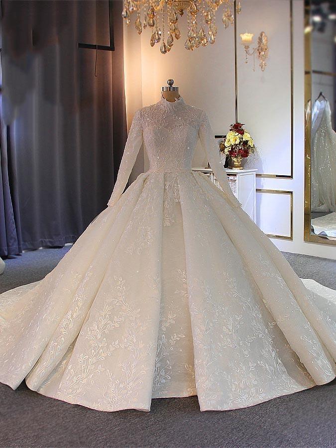 Long Ball Gown High Neck Tulle Lace Wedding Dresses with Sleeves-showprettydress