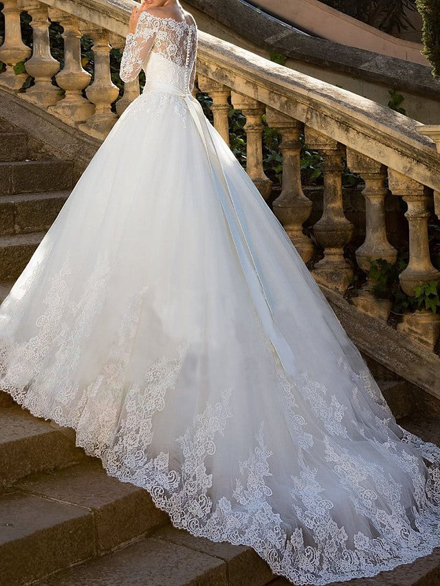 Long Ball Gown Off the Shoulder Lace Tulle Wedding Dresses with Sleeves-showprettydress
