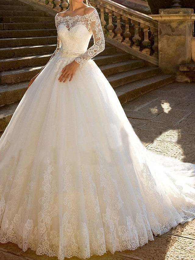 Long Ball Gown Off the Shoulder Lace Tulle Wedding Dresses with Sleeves-showprettydress