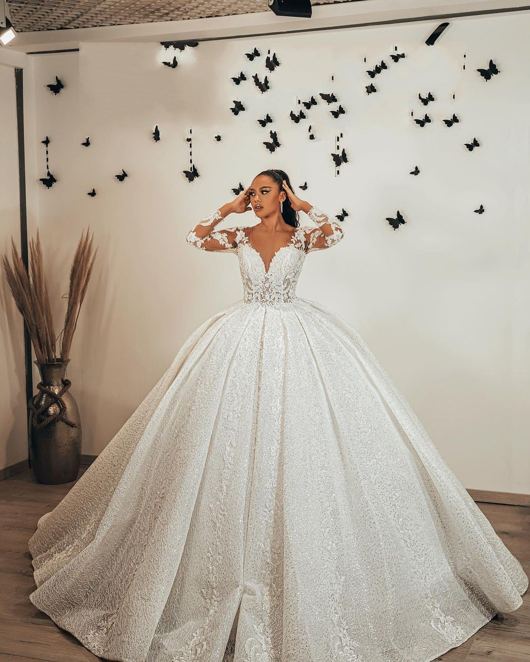 Long Ball Gown Sweetheart Appliques Lace Sequins Ruffles Wedding Dress with Sleeves-showprettydress