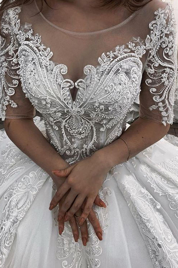 Long Ball Gown Sweetheart Appliques Lace Tulle Wedding Dress with Sleeves-showprettydress