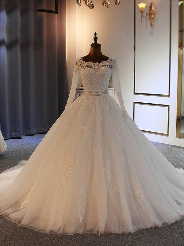 Long Ball Gown Sweetheart Tulle Lace Wedding Dresses with Sleeves-showprettydress