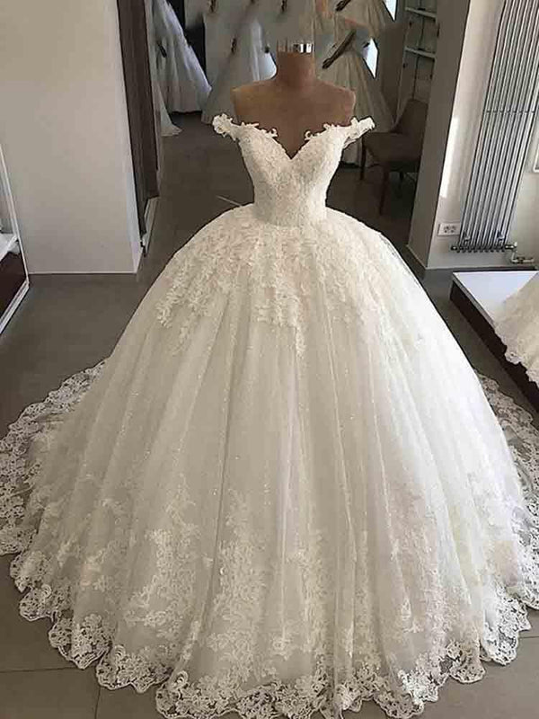 Long Ball Gown V-Neck Lace Tulle Wedding Dresses-showprettydress