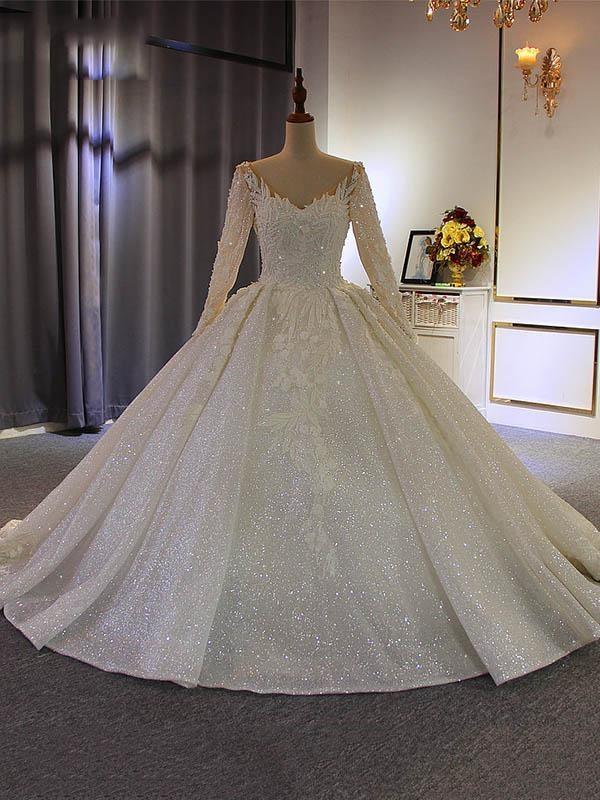 Long Ball Gown V Neck Sequins Wedding Dresses with Sleeves-showprettydress