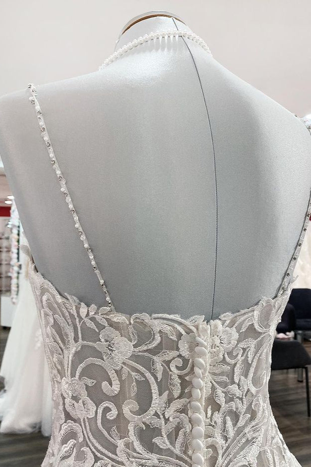 Long Ball Gown V-neck Spaghetti Straps Tulle Lace Wedding Dress-showprettydress