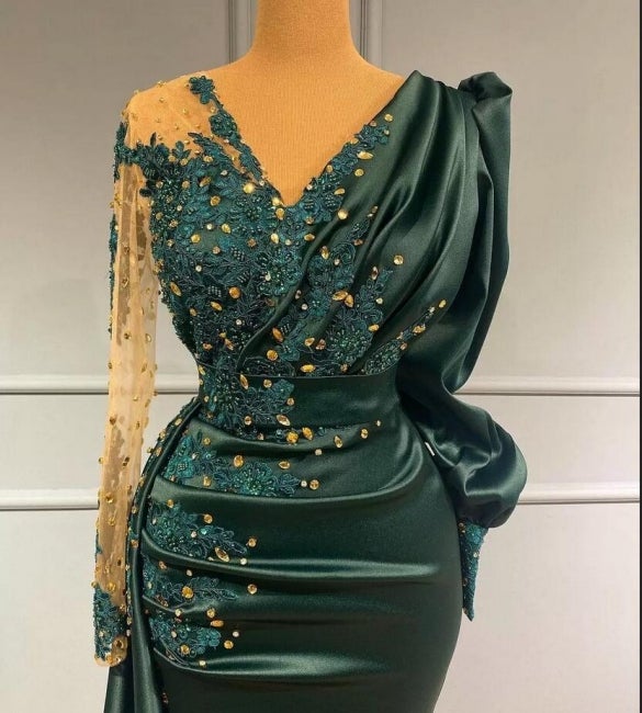 Long Dark Green Elegant Mermaid Prom Dress with Sleeves-showprettydress