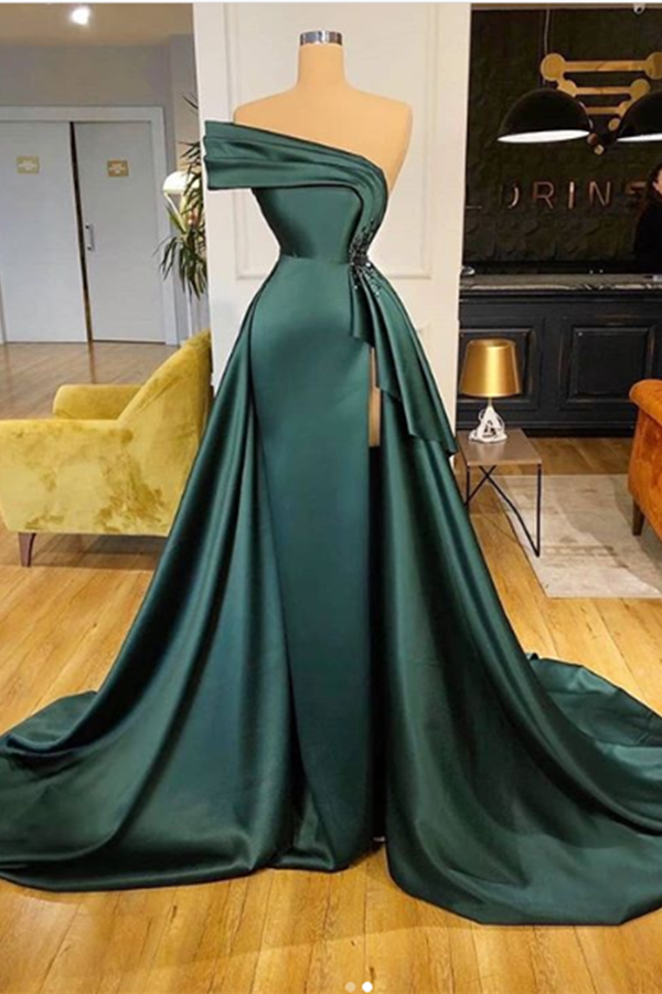 Long Dark Green Satin Prom Dresses Elegant Split Evening Gowns Long Dark Green Satin Prom Dresses Elegant Split Evening Gowns