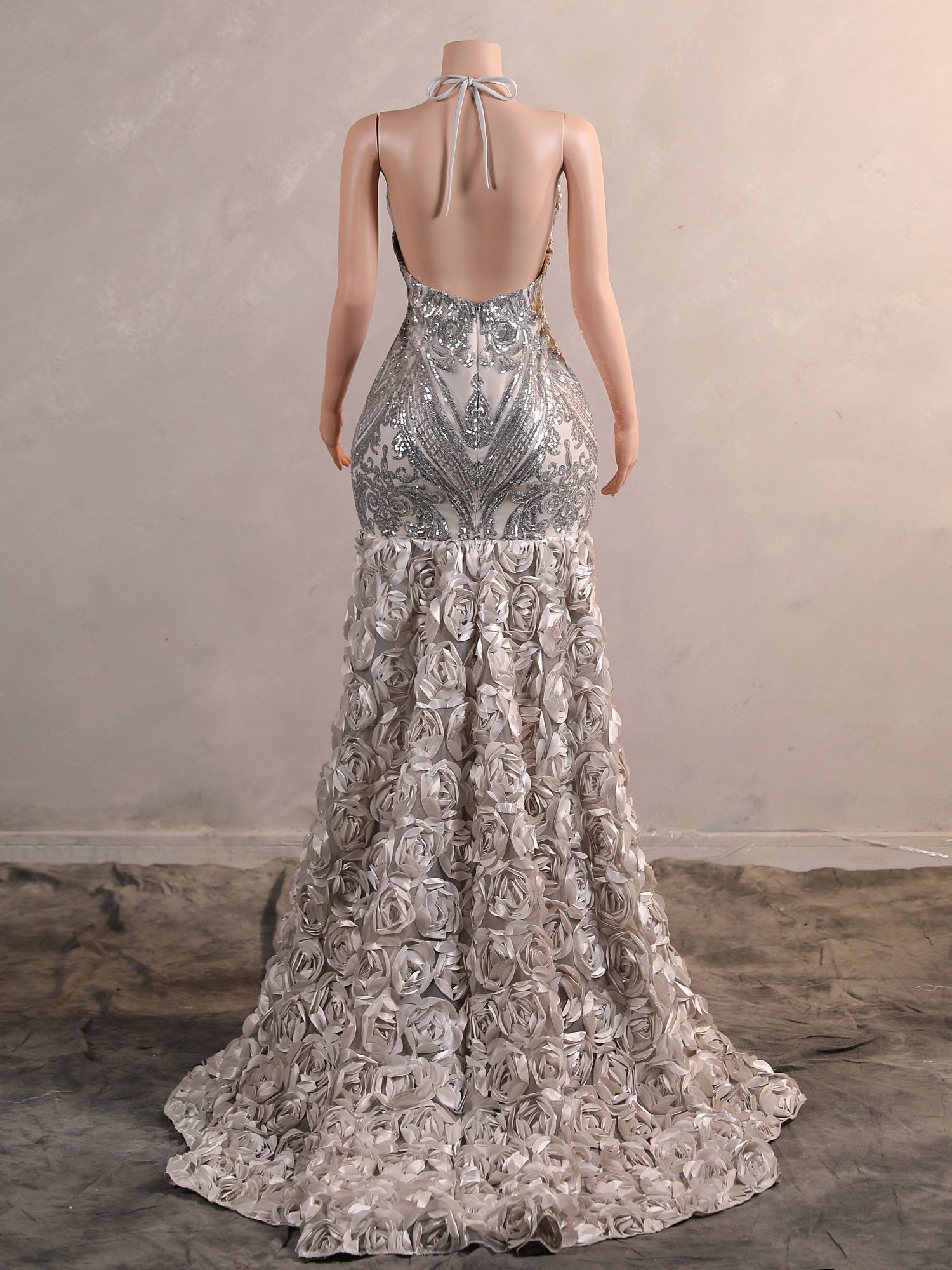 Long Mermaid Halter Flower Open Back Formal Prom Dresses-showprettydress