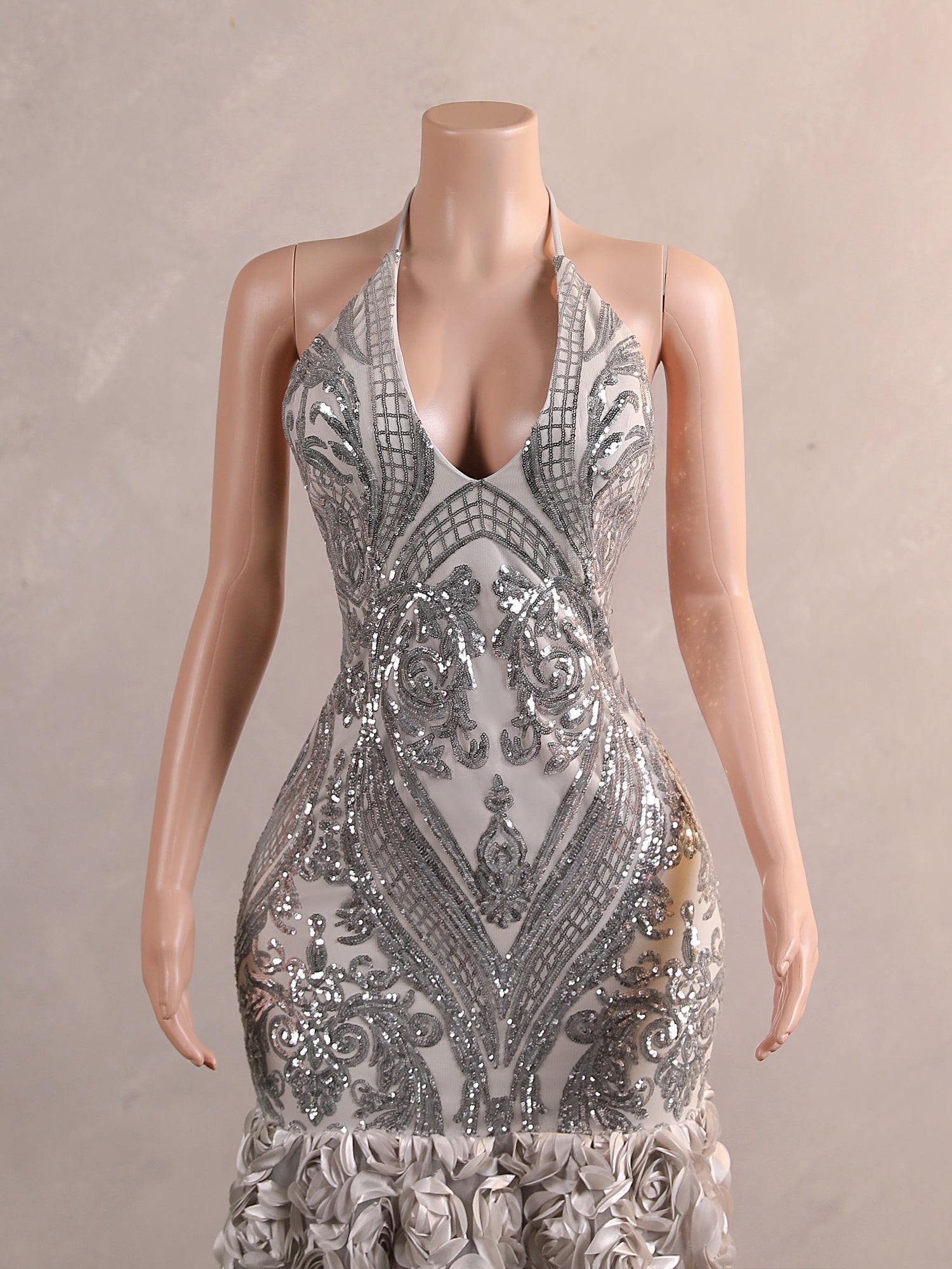 Long Mermaid Halter Flower Open Back Formal Prom Dresses-showprettydress